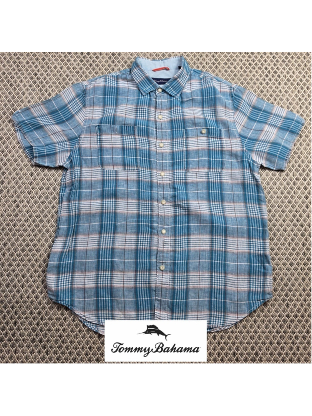 Tommy Bahama 100% Linen Plaid Button Up Shirt Mens L Blue Short Sleeve Casual